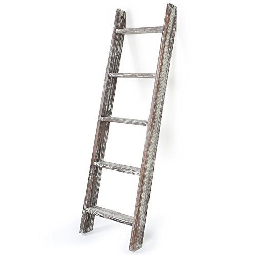 MyGift 4.5-Foot Wall-Leaning Ladder-Style Torched Wood Blanket Rack