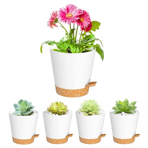 5 Pcs Macetas 5 Inch Macetas Plástico Con Agujeros De Drenaje, Riego Automático, Maceteros Decorativos Interior Maceta Con Plato Macetas Para Plantas Flores, Plantas Interiores Balcón Jardín Blanco