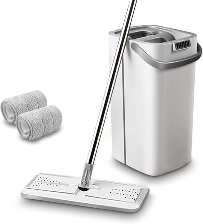 Mopa Fregona con Cubo Escurridor - Trapeador Plano con Almohadilla de Microfibra - Limpieza de Suelos, Azulejos, Parquet y Ventanas - Mopa Autoescurrible para Hogar y Oficina