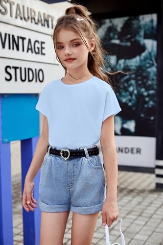 Image of Arshiner Girls Shirt Crop Tops Short Sleeve Summer Drop Shoulder Batwing Sleeve Crewneck Loose T Shirt Tee