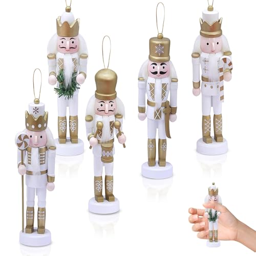 Image of Gold Wooden Nutcrackers Soldier for Christmas,5Pcs 12.5cm Wooden Figure Ornament,Christmas Tree Tabletop Decoration,Small Nutcracker Soldier Puppet Doll Pendant Hanging for Tree,Xmas Gift Indoor Decor