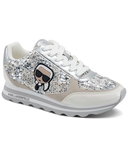 KARL LAGERFELD Women's Meade Lace Up Sneaker with Karl Head, Silver, 5