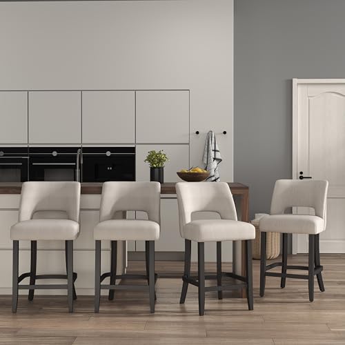Image of VKNOW Bar Stools Set of 4, 26 inch Upholstered Counter Height Bar Stools | Modern Counter Stools with Black Rubberwood Legs for Kitchen Island Dining Room Bar, Beige-Black Legs