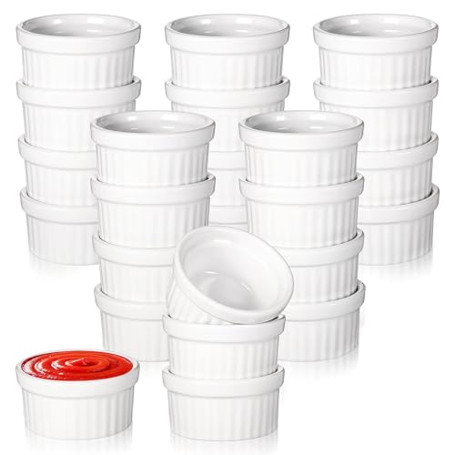 24 Pcs 1 oz Mini Ramekins Small White Ceramic Porcelain Souffle Dish Custard Sauce Dipping Dessert Cups Oven Safe Bowls for Charcuterie Pudding Creme Brulee Condiment Baking Bakeware