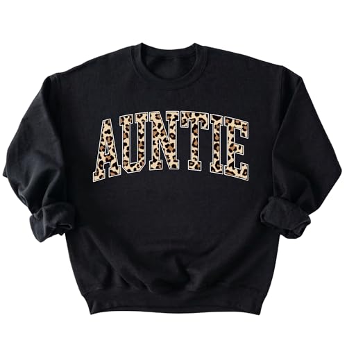 Leopard Print Mama Black Sweatshirt for Women Mom Mimi Nana Grandma Aunt Leopard Graphic Pullover (US Alpha Small Regular Regular AUNTIE)
