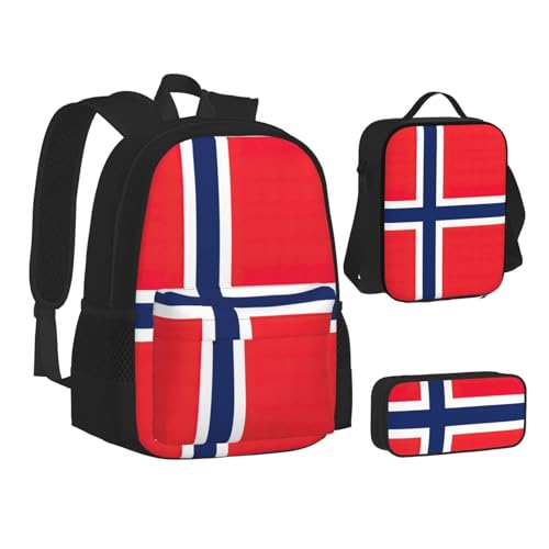 Norwegian Flag Print 3-Piece Set Backpack, Lunch Bag And Pencil Case, For Travel, College, And Daily Use2