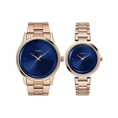 TIMEX Analog Watch for Unisex with Blue Round Dial & Rose Gold Stainless Steel Bracelet Band Water Resistant Unisex Wrist Watches - TW00PR296