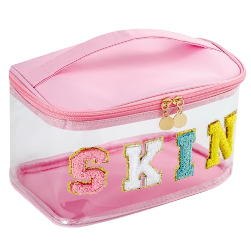 Personalized Chenille Letter Clear Skin Makeup Bag Large Size Waterproof Nylon Cosmetic Toiletry Storage bag with Top Handle Transparent Meds Skin Travel Organizer Cosmetic Bag(09Skin-Pink)