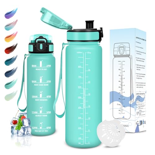 Motswedi Botella Agua, 1L sin BPA, Botella de Agua, Reutilizable, Cantimplora, con Marcador de Tiempo, Botella Agua Gimnasio, Botella para Niños, Deporte, Running, Gimnasio, Bicicleta, Azul Verdoso