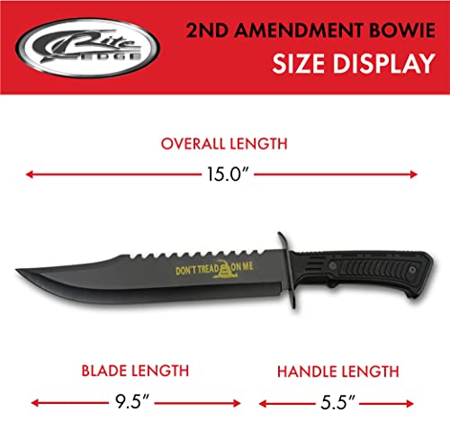 SZCO Full Tang Hunting Knife 15 Inch - DON'T TREAD ON ME Printed Camping Knife with Rubberized Handle, Stainless Steel Sawback Blade & Sheath - Black Pocket Knife for Hunting & Camping - Knives for Men