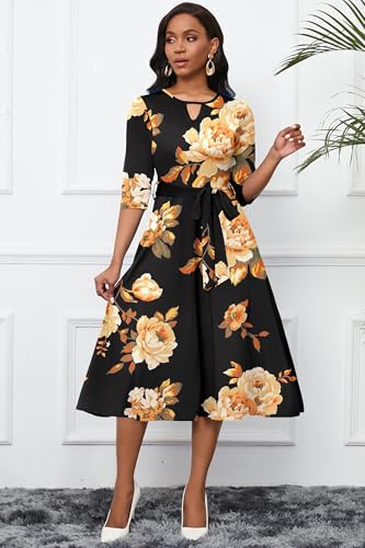 Image of CLOCOR Midi Dresses for Women Casual A-Line Fit and Flare Dress Crewneck 3 /4 Sleeve Keyhole Cocktail Party Church Dress