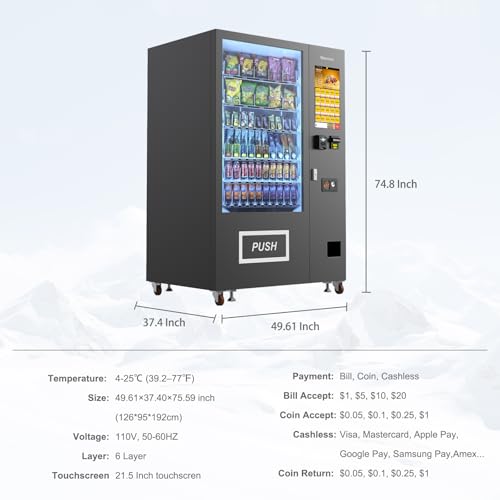 Image of Snack and Cold Drink Combo Vending Machine for Business 21 Inch Credit Card Reader and Coin /Bill Acceptor, 60 Slots /Refrigerated with Touch Screen