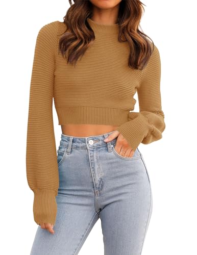 ZESICA Women's Spring Mock Neck Cropped Sweaters 2026 Long Sleeve Soft Ribbed Knit Pullover Jumper Tops Camel Small