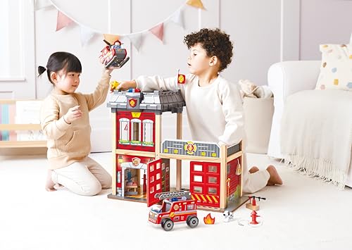image for Hape Fire Station Playset| Wooden Dollhouse Kid’s Toy, Stimulates Ke