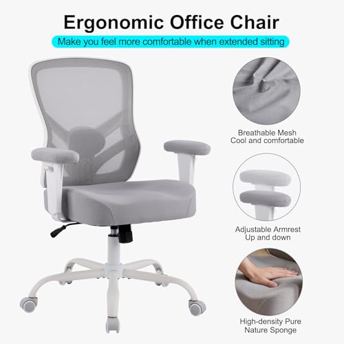 Image of YFO Ergonomic Office Chair, Mesh Computer Desk Chair with Adjustable Back Lumbar Support and Armrests, Comfy Executive Rolling Swivel Task Chair for Home Office, Grey