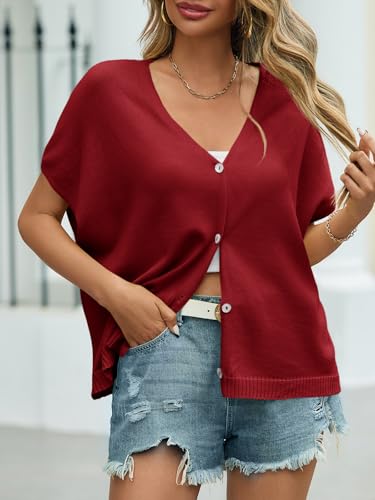 Image of Saodimallsu Womens Summer Oversized Cardigans Batwing Short Sleeve Lightweight Button V Neck Casual Knit Sweater Tops