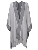 ZLYC Women Soft Textured Knit Blanket Wrap Fringe Poncho with Contrast Trims