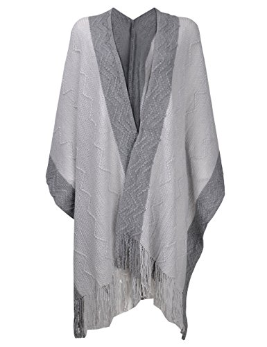 ZLYC Women Soft Textured Knit Blanket Wrap Fringe Poncho Cardigan Sweater with Contrast Trims