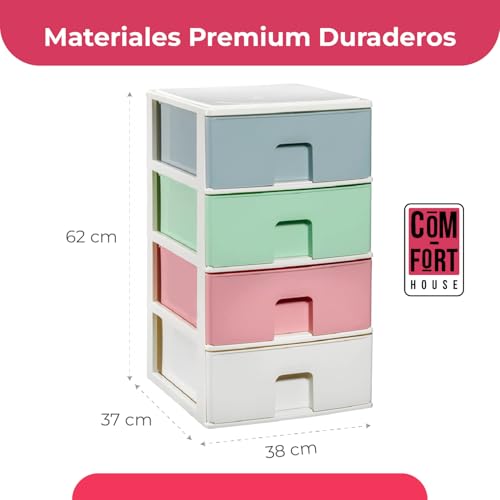 Miniatura 2 de Cajonera Plástico 4 Cajones Blanco Multicolor - Organizador Almacenamiento Ropa Dormitorio Escritorio - 37x38x62.8cm - Montaje Fácil - Com-Fort House