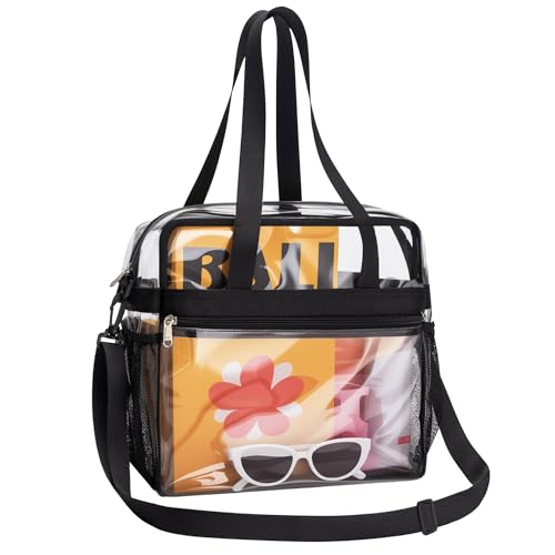 Lyingflat Clear Bag for Stadium Events, 12x6x12 Stadium Approved Clear Tote Bag with Adjustable and Detachable Strap, Black