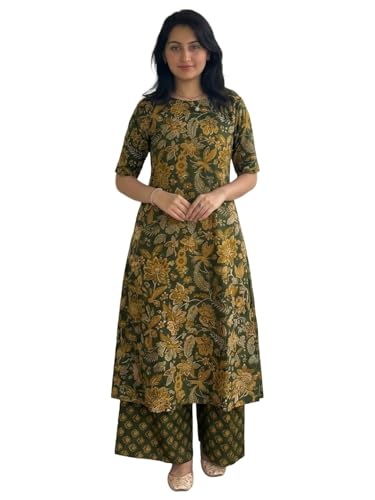 Image of ANNI Designer Women's Viscose Blend Straight Printed Kurta with Palazzo | Elbow Length Sleeve Kurti Set | Close Neck with Back Slit | Soft Comfortable Fabric | 2 Piece Outfit