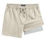 maamgic Mens Casual Linen Shorts 5 Inch Elastic Waist Drawstring Summer 2 in 1 Beach Shorts with Pockets