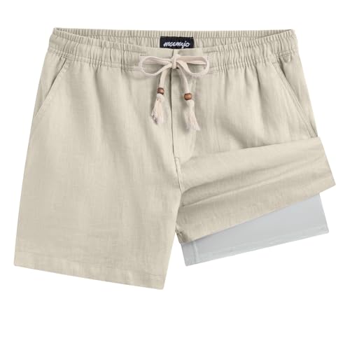 maamgic Mens Casual Linen Shorts 5 Inch Elastic Waist Drawstring Summer 2 in 1 Beach Shorts with Pockets