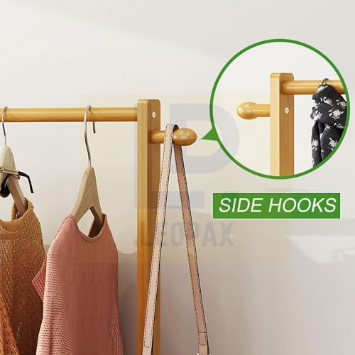 Image of LEOPAX Single Rail Bamboo Rolling Coat Rack with 2 Side Hook Garment Rack with Shoe Storage Shelves - Do It Yourself - Natural Color - Size - (70 x 38 x 145cm) - Bamboo Cloth Rack