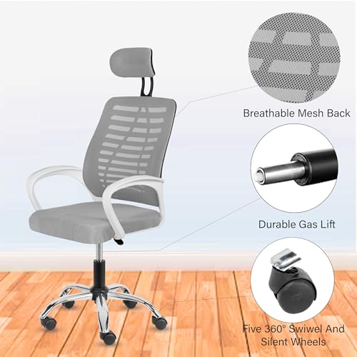 Image of Casa Copenhagen,Mesh Office Desk Chair,Rocking Ergonomic Computer Chair Adjustable High with Headrest and Comfortable Armrest Swivel- Grey Milanage & White Handle