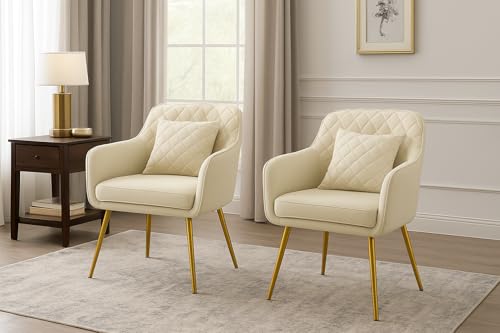 Image of Velvet Chair with Floral Pillow for Home | Modern Accent Armchair in Soft Velvet Fabric with Golden Legs | Set of 2 Premium Accent Chair for Living Room Bedroom (Barfi Beige)