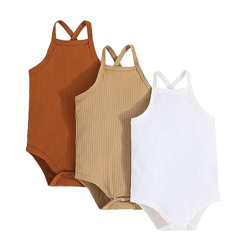 Baby Girl Romper Bodysuit Ribbed Solid One-Piece Overall Jumpsuit Sleeveless Adjustable Strap Summer Playsuit Clothes (3 Pack-Brown Khaki White, 9-12 Months)