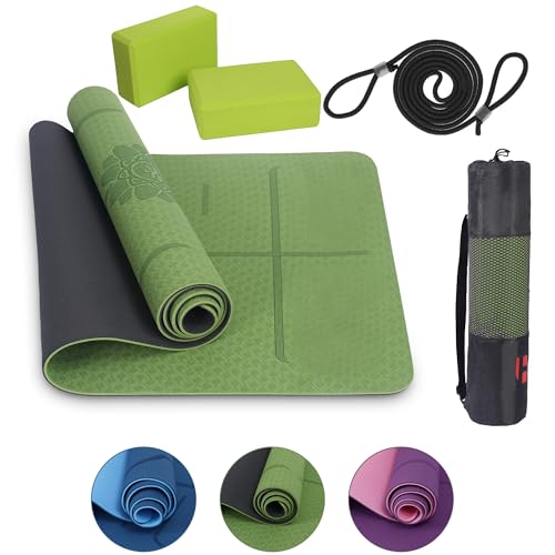 Habib Gruppe Yoga-Set mit 2 Blöcken – Gepolsterte rutschfeste Trainingsmatte für Fitness, Tragetasche mit Tragegurt – Ideal für Yoga, Pilates, Meditation und Entspannung - Grün