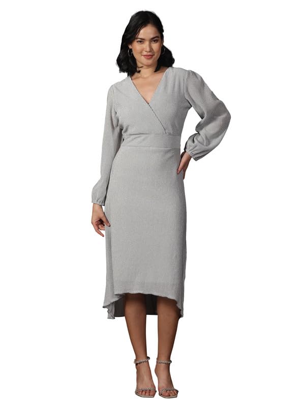 Salt Attire Women’s Darla Shimmer A-Line Dress – V-Neck, Faux Wrap, Over-The-Knee Length, Full-Length Blouson Sleeves, High-Low Hem, Metallic Plisse Fabric, Made in India.