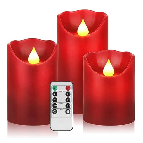 Image of YIWER Flameless Candles Set of 3, Φ3.15 xH 4 inch /5 inch /6 inch Real Wax Not Plastic Pillars Include Realistic Dancing LED Flames and 10-Key Remote Control with 2 /4 /6 /8-hours Timer Function,300+ Hours (3x1, Red)