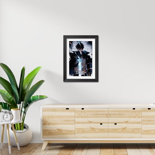 Image of TenorArts Sung Jinwoo Photo Frame Solo Leveling Anime Laminated Poster Framed Painting with Matt Finish Black Textures (12inches x 9inches)