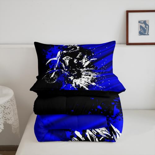 Image of Feelyou Kids Blue Black Ombre Comforter Set Twin Size, Dirt Bike Bedding Set Motocross Duvet Insert Boys Girls Teens Bedroom Decor Bed Set 2Pcs