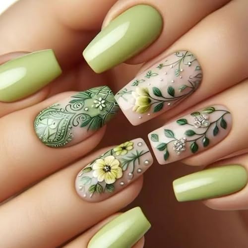 24PCS Mediuim Square Stick Glossy Full Covers False Nails Greens Press On Nails Manicures Supplies For Woman