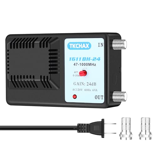 TKCHAX Antenna Amplifier, Digital TV Signal Booster,Adjustable Gain Upto 24db Distribution,Support 47-1000Mhz,Clears Up Pixelated Low Strenght Channels, Work with FM, UHF, VHF and HD TV
