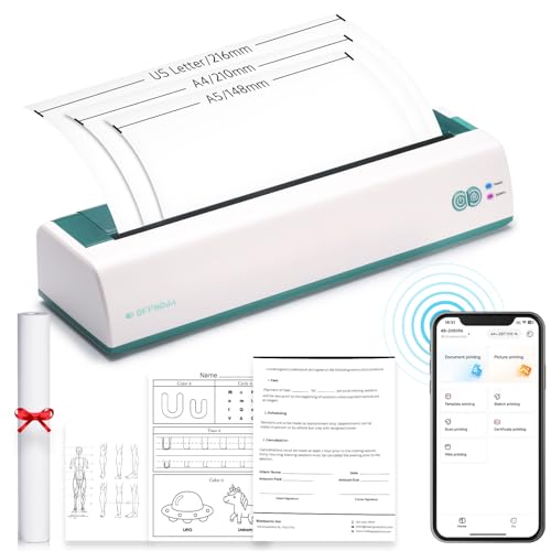 Image of OFFNOVA Portable Printer Wireless for Travel, Thermal Inkless Printer, Support US Letter & A4 Size, Compatible with iOS, Android, Laptop with 1 Roll 8.5 inch x 11 inch Thermal Paper, for Mobile Office, Green