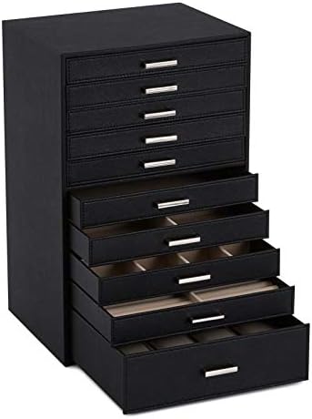 Meerveil Caja Joyero de Mujer, Joyero Organizador Grande, Joyero con 10 Capas, Cuero PU, con cajones y Almohadas de Reloj, Caja para Joyas, Gafas de Sol, Relojes, Negro