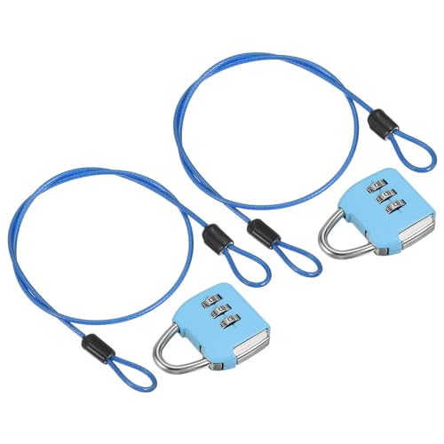 Image of PATIKIL Security Steel Cable with 3 Digit Combination Lock, 2 Set Travel Padlock 1.6Ft Coated Safety Wire Rope Double Loop for Luggage Suitcase, Sky Blue