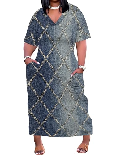 Image of SUZONANA Plus Size Denim Print Maxi Dresses for Women Casual V Neck Short Sleeve with Pockets Soft Jean Look Dress XL-6XL