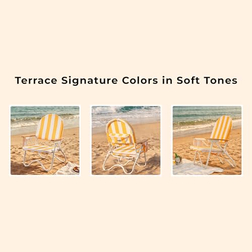 Image of Padded Low Beach Chair, 4-Position Folding Outdoor Chair with Wooden Armrests, Cushioned Seat, Storage Pouch & Carry Strap for Beach, Patio and Lawn, Cala Serena Ochre Stripe