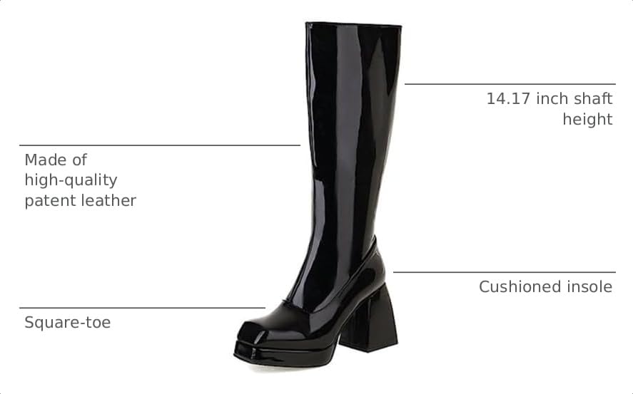 Image of SOVANYOU Black Leather Boots Platform Boots for Women Fashion Square Toe Chunky Block Heeled Boots Side Zip