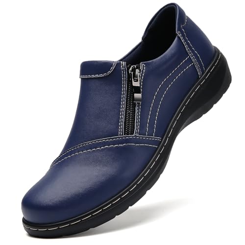Image of QAE Loafers for Women Comfort Women's Penny Loafers with Zipper Orthopedic Lightweight Slip-On Flats Casual Work Dressy Walking Business Shoes