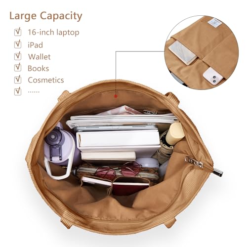 Image of KALIDI Women Corduroy Tote Bag Zipper Casual Tote's Handbag Big Capacity Shoulder Bag with Pockets