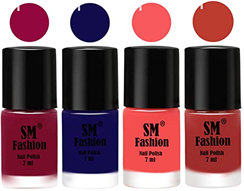 Image of Nail Polish Combo Set (Pack of 4) Quick Dry Gel Finish Nail Paint | Cherry Blossom,Dark Blue,Light Pink,Dark Peach | 7 ml Each