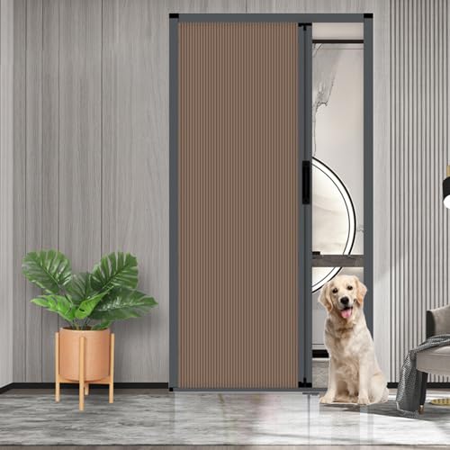 Retráctil Puerta Plegable Invisible - Puerta Acordeon Interior con Marco de Aleación de Aluminio y Tela No Tejidam Sin Taladro, Puertas Correderas Plegables con Manilla y Cerradura(Marrón,104x203cm)