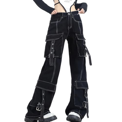 Y2K Gothic Grunge Casual High Waisted Loose Straight Wide Leg Multi Pockets Vintage Black Denim Cargo Pants