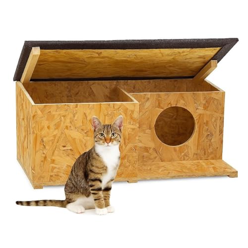QLS Katzenhaus OSB – Wetterfester Outdoor-Rückzugsort mit Bitumendach & Schutzwand, 59x37x27 cm, Braun – Fertig montiert